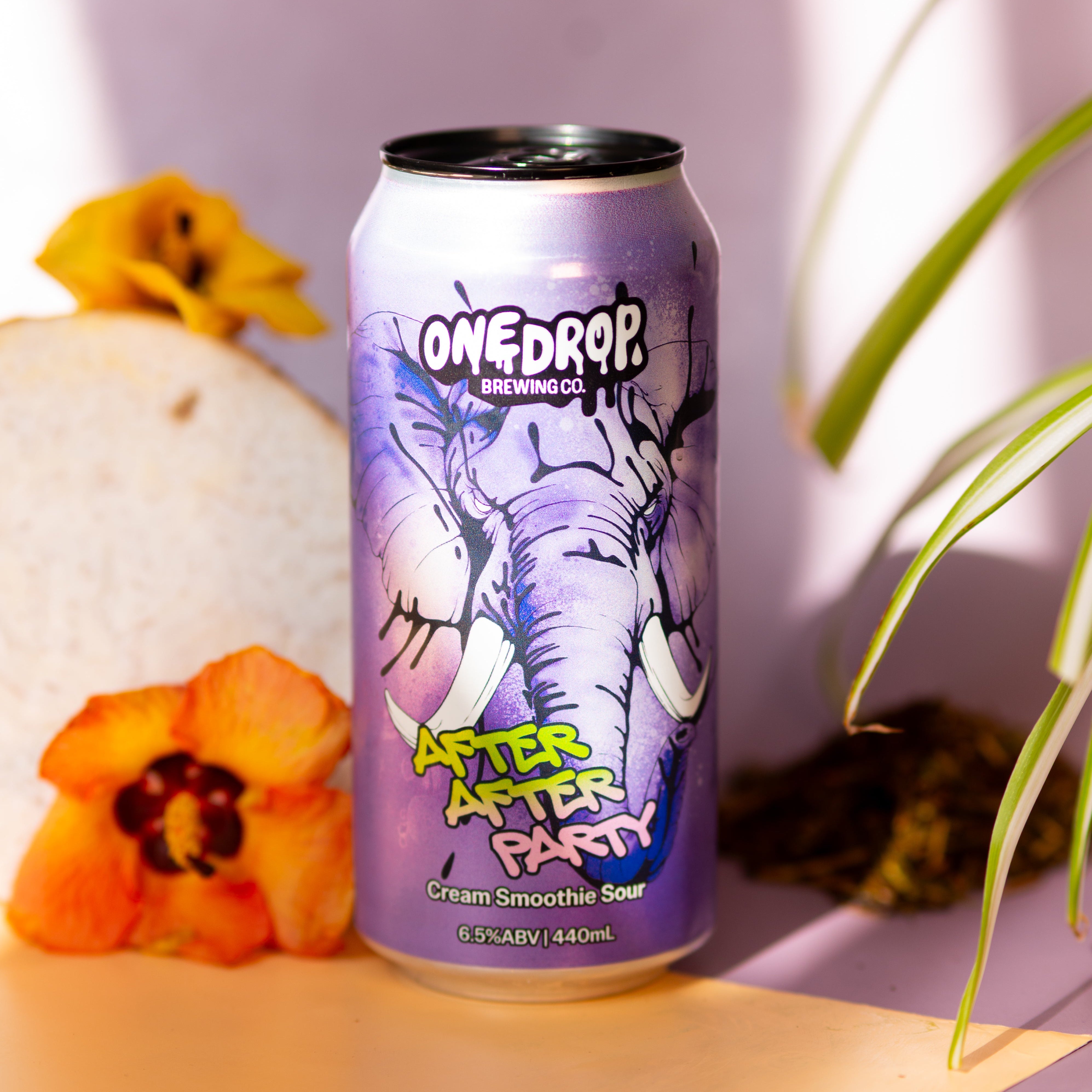 A 16 oz aluminum can of OneDrop Brewing Co. 'After The Party' Grape Smoothie Sour, featuring a purple and black graphic of a skeleton hand holding a beer glass.
