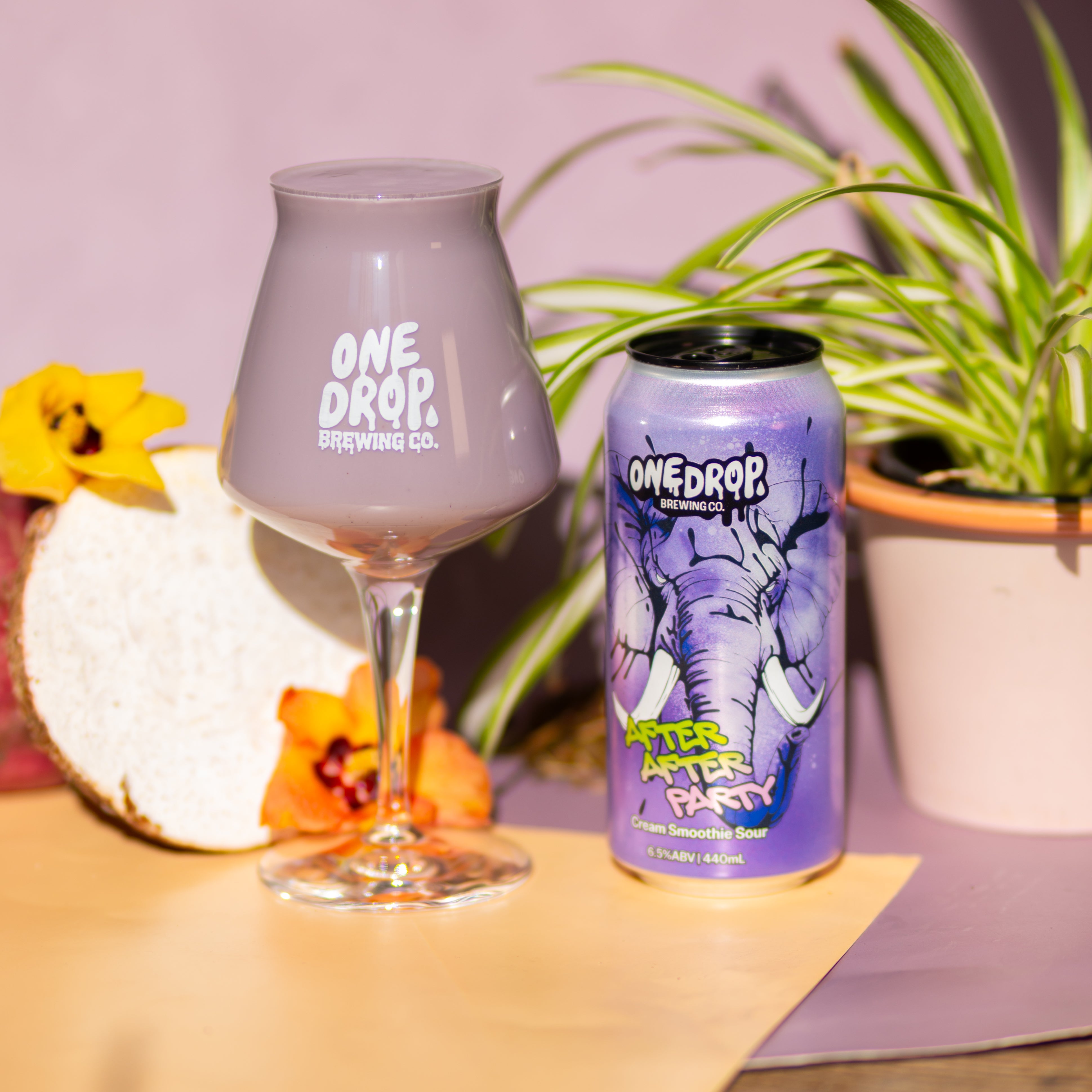 A purple One Drop Brewing Co. can and matching purple-tinted glass on a wooden table, styled with a potted spider plant, a sliced coconut, and small flowers against a soft lavender background.
